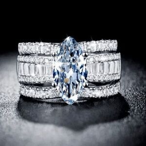 STERLING SILVER MARQUISE CUT BAGUETTE DIAMOND RING AND DIAMOND RING GUARDS